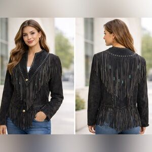 Vintage Womens Genuine Leather Black Fringe Jacket With Turquoise Bead Accents S